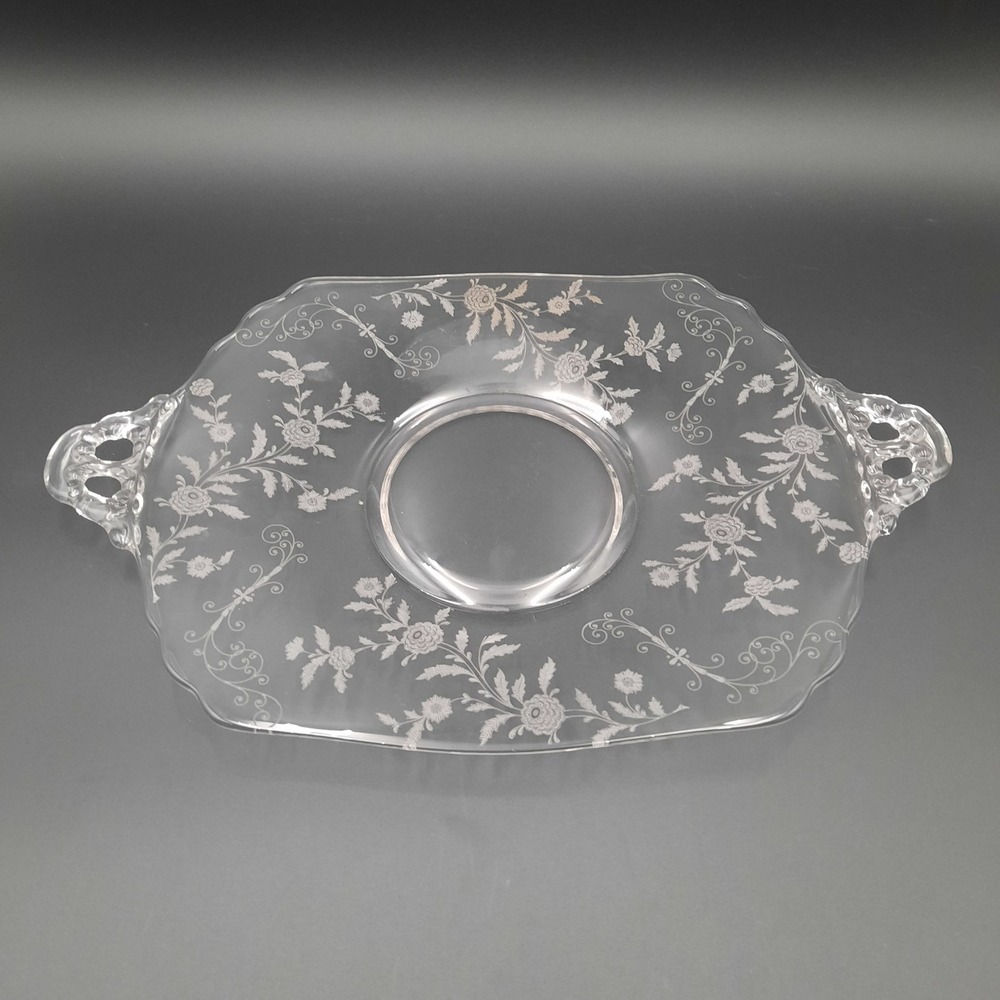 Vintage Manganese Etched Glass‎ Cake Stand/Dessert Plate Floral Design Handles
